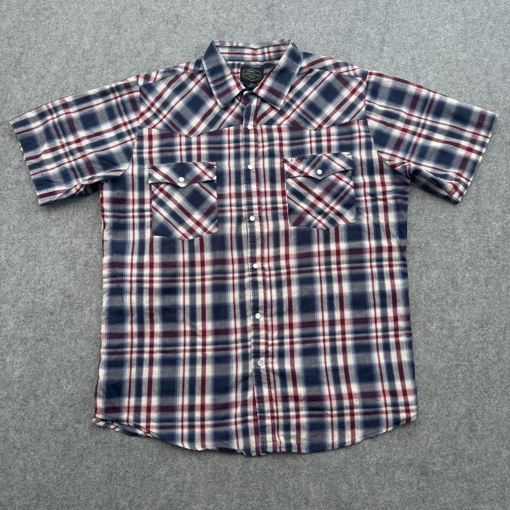 Canyon Guide Outfitters Mens XL Blue Red Plaid Western Snap Shirt Short Sleeve